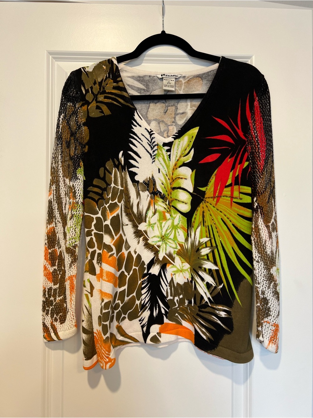 Y2K Boho Beaded Tropical Print Top Mesh Sleeve Blouse Vacation